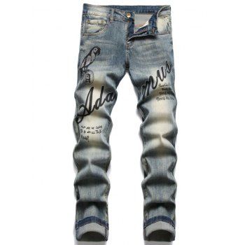 

Bird and Letter Pattern Rhinestones Jeans Middle Waist Pockets Casual Denim Pants, Multicolor