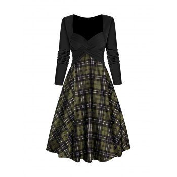 

Check Print Vintage Dress Crossover Sweetheart Collar A Line Casual Midi Dress, Deep green