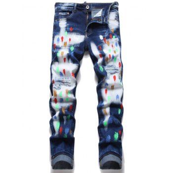 

Ripped Oil Paint Pattern Jeans Distressed Faded Wash Streetwear Denim Pants, Blue