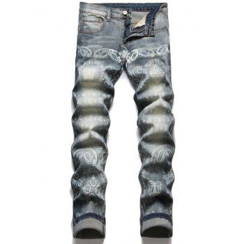 

Ethnic Pattern Jeans Faded Straight Middle Waist Casual Denim Pants, Multicolor