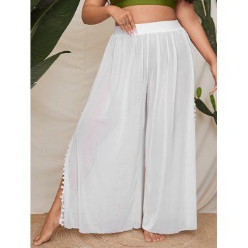 

Plus Size Sheer Cover Up Pants Tassel Side Slit High Waist Loose Beach Pants, White