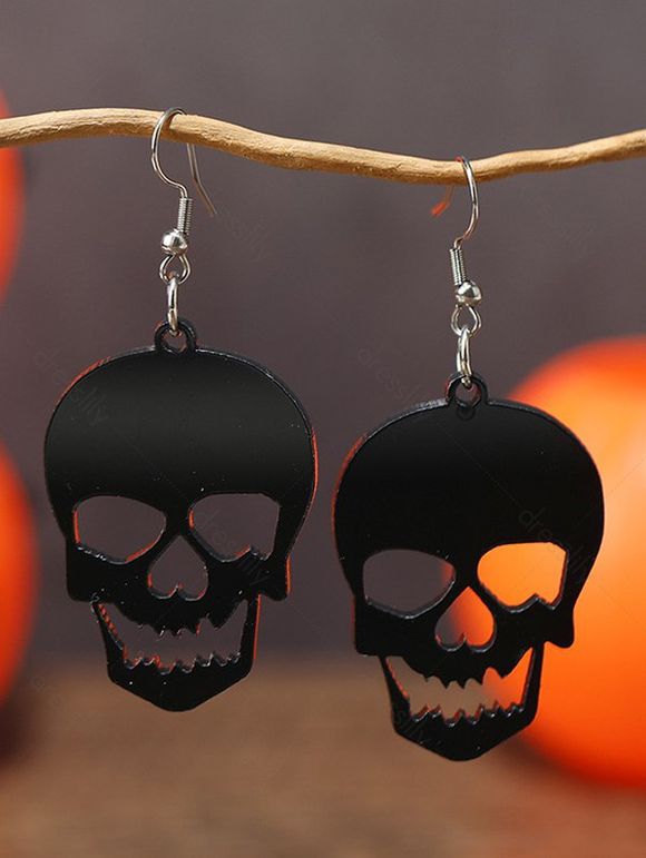 Boucles D'Oreilles Pendantes Au Crochet D'Halloween en Forme de Crâne - Noir 