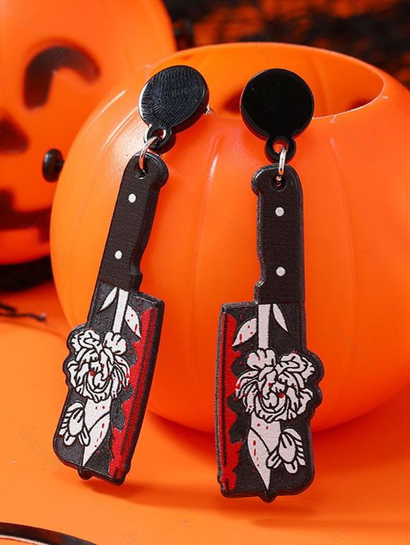 Boucles D'Oreilles Pendantes D'Halloween en Forme de Couteau et Fleur - multicolor 