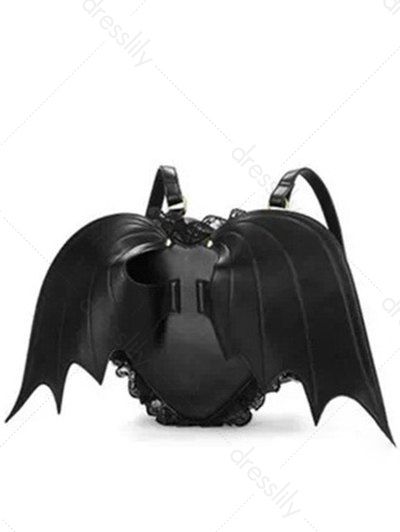 Sac à Dos D'Halloween Cœur Chauve-souris à Ourlet en Dentelle en PU - Noir 