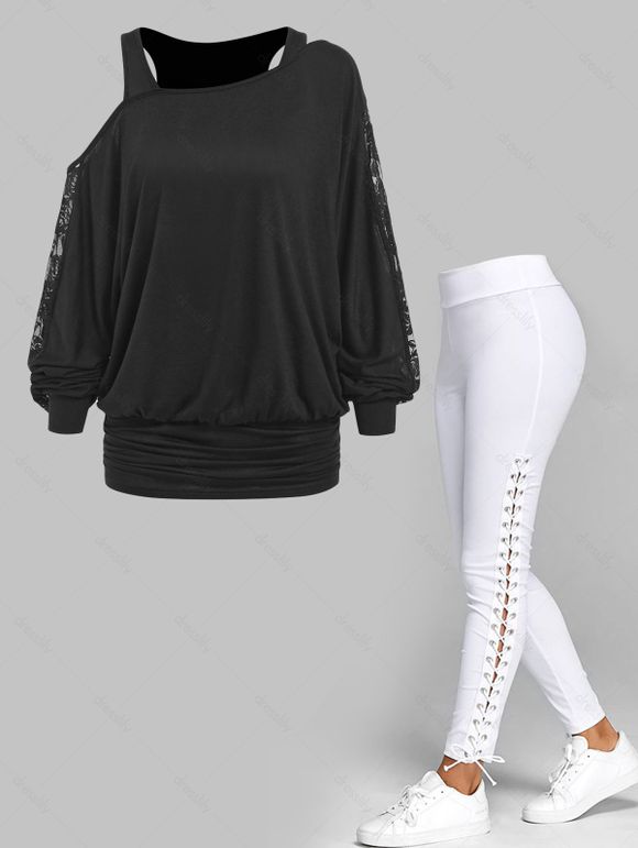 Cold Shoulder Lace Panel Skew Neck T Shirt And Lace Up Plain Skinny Pants Casual Outfit - BLACK S