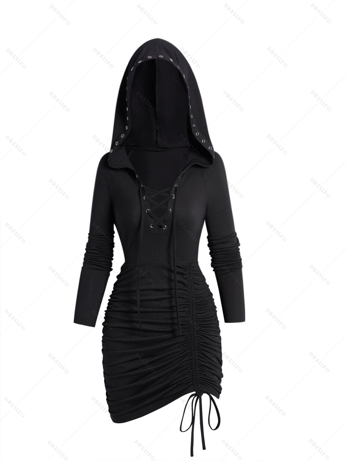 33 OFF 2024 Lace Up Gothic Hooded Dress Plain Color Cinched