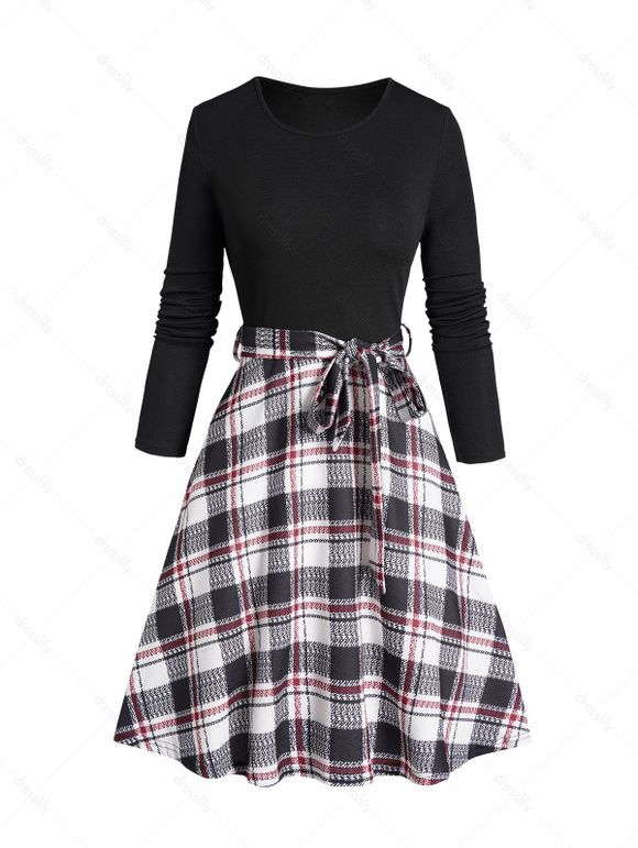Mini Robe Décontractée Texturée Ceinturée à Imprimé Carreaux  à Manches Longues - Noir XL