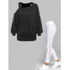 Cold Shoulder Lace Panel Skew Neck T Shirt And Lace Up Plain Skinny Pants Casual Outfit - BLACK S