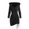 Lace Up Gothic Hooded Dress Plain Color Cinched Ruched Bodycon Mini Dress - BLACK L