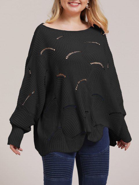 Plus Size Open-knit Sweater Plain Color Asymmetrical Hem Casual Sweater