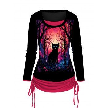 

Halloween Cat and Forest Print T Shirt Cinched Ruched Long Sleeve Tee, Red