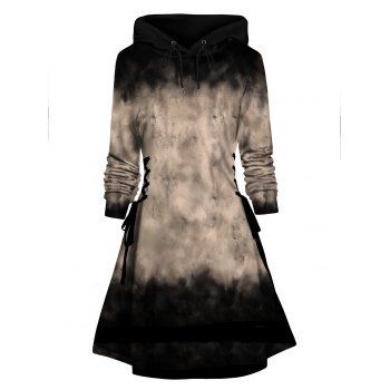 

Tie Dye Print Hoodie Dress Lace Up A Line Casual Mini Dress, Light coffee