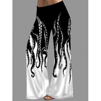 

Octopus Print Colorblock Wide Leg Pants Middle Waist Loose Casual Pants, Black