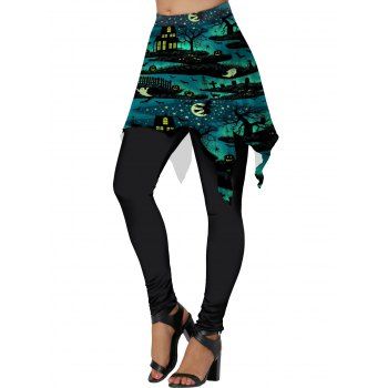 

Halloween Skirted Leggings House and Moon Print Elastic Waist Leggings, Deep green