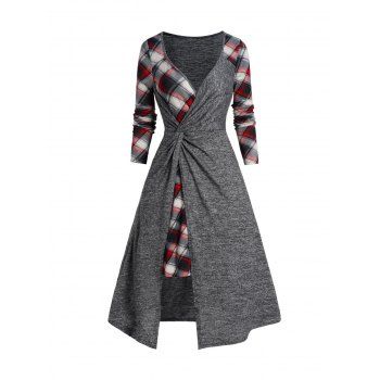 

Check Print Twist Dress Colorblock Plunging Neck Long Sleeve Midi Dress, Gray