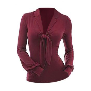 

Knot Lapel Neck Top Plain Color Long Sleeve Casual Top, Deep red