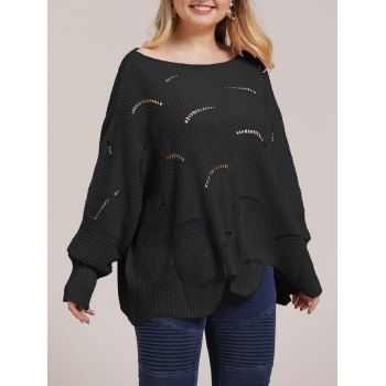 

Plus Size Open-knit Sweater Plain Color Asymmetrical Hem Casual Sweater, Black