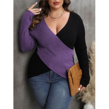 

Plus Size Colorblock Sweater Crossover Plunging Neck Casual Sweater, Purple