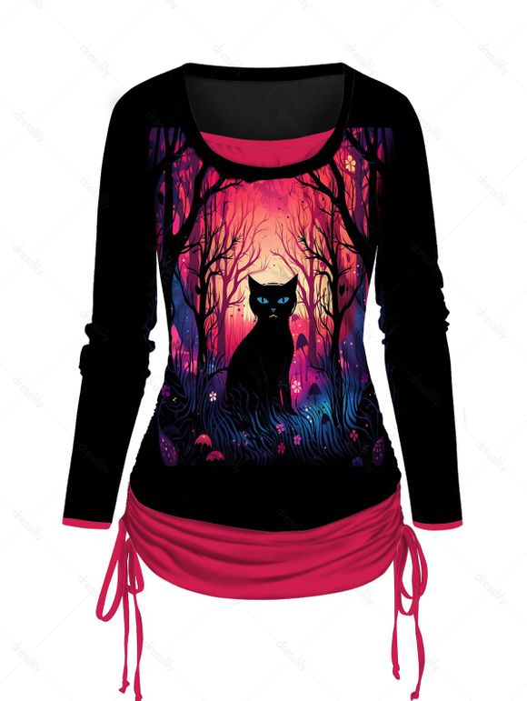 T-shirt D'Halloween à Imprimé Chat et Forêt à Manches Longues à Volants - Rouge XXL