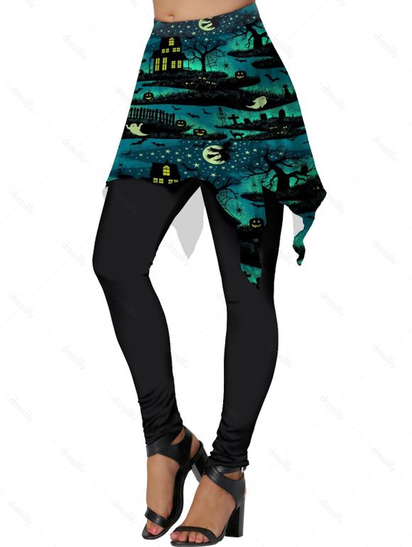 Legging de Jupe D'Halloween à Imprimé Lune et Maison à Taille Elastique - Vert profond S