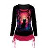 T-shirt D'Halloween à Imprimé Chat et Forêt à Manches Longues à Volants - Rouge S