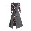 Robe Mi-Longue Tordue à Carreaux Imprimé Manches Longues à Col Plongeant - Gris XL