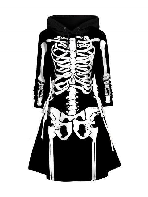 Halloween Skeleton Print Colorblock Hoodie Dress Lace Up A Line Mini Dress