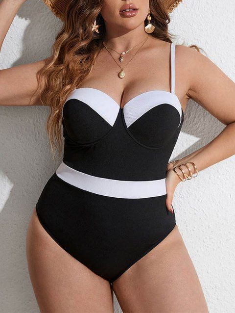 Plus Size Colorblock Ribbed One-piece Swimsuit Underwire Adjustable Strap Swimwear