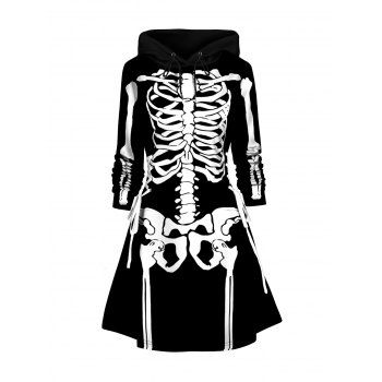 

Halloween Skeleton Print Colorblock Hoodie Dress Lace Up A Line Mini Dress, Black