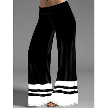 

Colorblock Stripe Print Wide Leg Pants Middle Waist Loose Casual Pants, Black