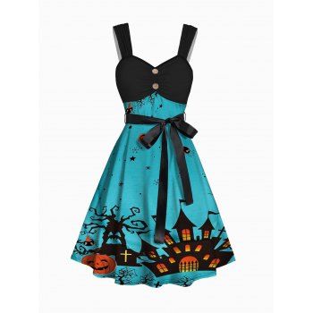 

Halloween House and Pumpkin Print Dress Belt Sleeveless Mock Button Mini Dress, Blue