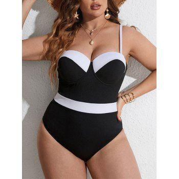 

Plus Size Colorblock Ribbed One-piece Swimsuit Underwire Adjustable Strap Swimwear, Black