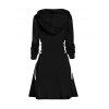 Halloween Skeleton Print Colorblock Hoodie Dress Lace Up A Line Mini Dress - BLACK XL