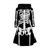Halloween Skeleton Print Colorblock Hoodie Dress Lace Up A Line Mini Dress - BLACK XL