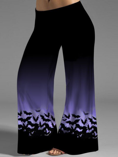 Plus Size Halloween Wide Leg Pants Bat Ombre Print Middle Waist Pants