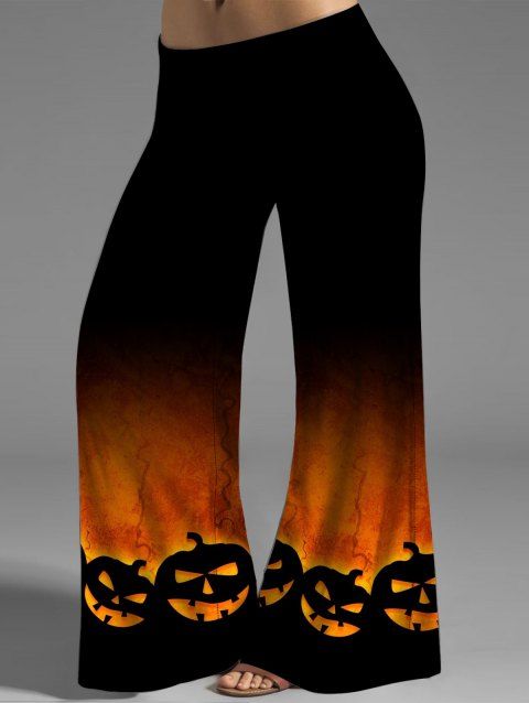 Pantalon Lâche D'Halloween à Imprimé Citrouille Jambe Large à Taille Moyenne de Grande Taille