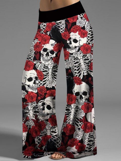 Halloween Wide Leg Pants Skeleton and Rose Print Middle Waist Pants