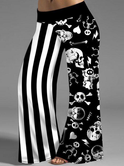 Plus Size Halloween Wide Leg Pants Stripe and Skull Print Colorblock Pants