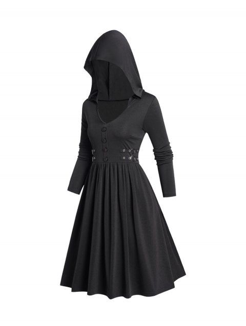 Buckle Gothic Hooded Dress Plain Color Long Sleeve A Line Casual Dress