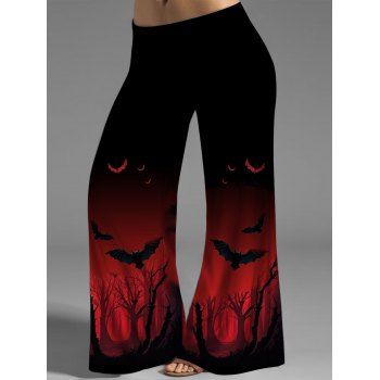 

Plus Size Halloween Wide Leg Pants Bat and Forest Print Middle Waist Pants, Red