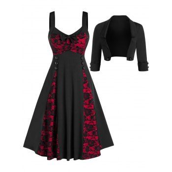 

Sleeveless Flower Lace Vintage Dress and Cropped Jacket, Black