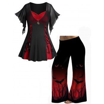 

Plus Size Halloween Colorblock Lace Up Gothic Top and Ombre Wide Leg Pants Outfit, Red