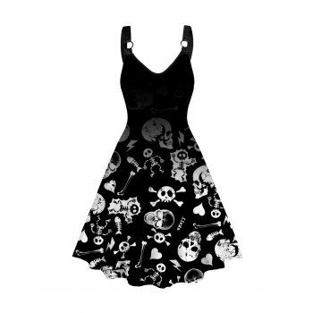 

Plus Size Halloween Dress Skull Print Colorblock Sleeveless O Ring A Line Midi Dress, Black