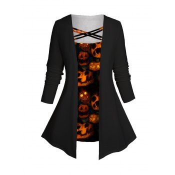 

Plus Size Halloween Top Pumpkin Print Crossover Long Sleeve Faux Twinset Top, Orange