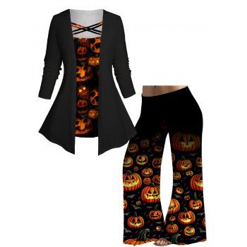 

Plus Size Halloween Pumpkin Print Faux Twinset Top and Wide Leg Pants Outfit, Orange