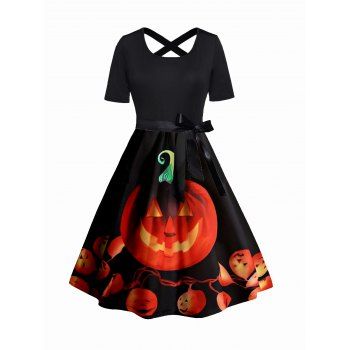 

Plus Size Halloween Belt Dress Pumpkin Print Crossover A Line Midi Dress, Dark orange