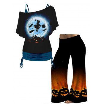 

Plus Size Halloween Skew Neck Cinched Tops and Pumpkin Print Wide Leg Pants Outfit, Multicolor a