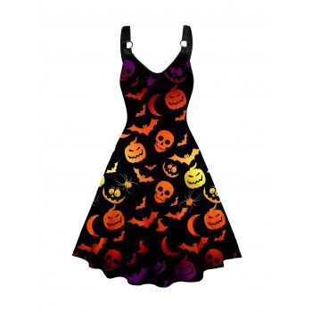 

Plus Size Halloween Dress Skull and Bat Print Sleeveless O Ring A Line Midi Dress, Multicolor a