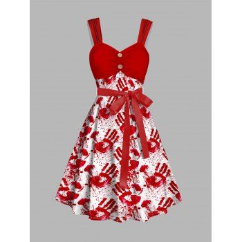 

Halloween Colorblock Blood Palm Print Dress Belt Ruched Sleeveless Mini Dress, Red