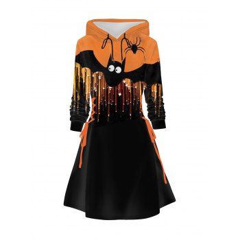 

Halloween Bat Print Hoodie Dress Colorblock Lace Up A Line Mini Dress, Dark orange